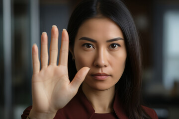 Portrait of a serious young asian woman standing with outstretched hand showing stop gesture, domestic violence concept. Stop violence and abuse.