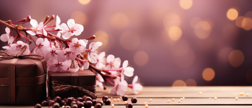 Chocolate and cherry blossoms on wooden table with bokeh background.