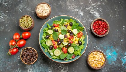 Wholesome Delight: Top-Down View of a Nutrient-packed Salad on a Grey Surface