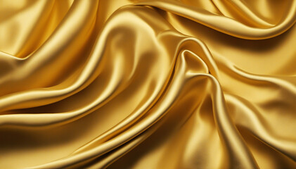 Yellow silk satin. Draped fabric. Golden color. Luxury background. Space for design. Template. Flat lay, top view table. Web banner.  Christmas, wedding, bridal, valentine, romance, award. 