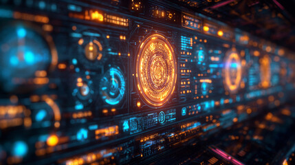 Big computer. Data processing. Blue and yellow technology background. Future technology concept. Selective focus. Copy space 