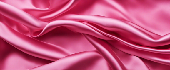 Obraz premium Pink silk satin background. Soft wavy folds on the fabric. Wedding, anniversary, valentine, love, tender, holiday, celebration, card. Wide banner. Beautiful background with copy space for your design.