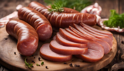 Sliced half-smoked sausages on a wooden table. Traditional Chezh meat products