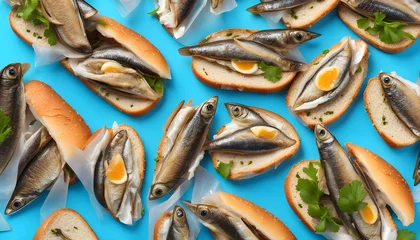 Foto op Aluminium Tasty sandwiches with tinned smoked sprats on a blue background © PhotoPhreak