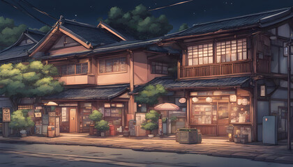 Fototapeta premium a beautiful japanese village town at night. train station with shop. anime comic art style. cosy lofi asian architecture.