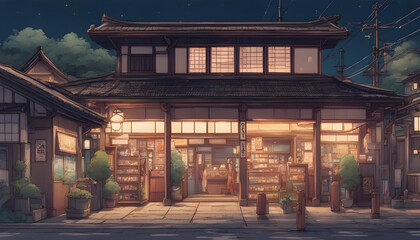 a beautiful japanese village town at night. train station with shop. anime comic art style. cosy...