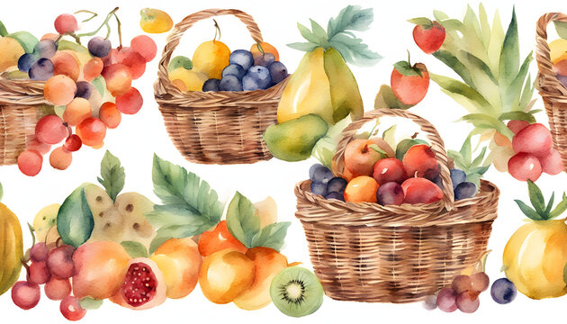 Watercolour of a wicker basket with an image of colourful fruits isolated on a white background