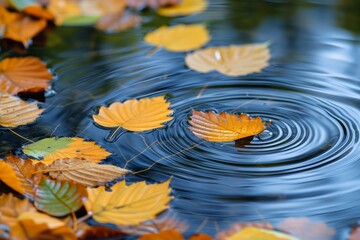Colorful fall leaves in pond lake water, floating autumn leaf.
