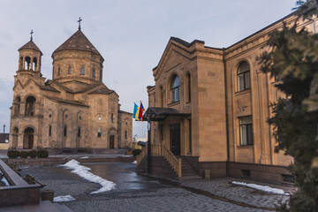 Fototapeta na wymiar Modern Armenian Church of Saint Gregory the Illuminator in Dnipro, Ukraine. Religion. Background image. Old Armenian church.