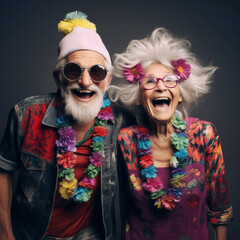 Portrait of crazy and funny couple of old senior man and woman with colorful party clothes. Happy elderly lifestyle concept. Mature man and woman laughing a lot together. Dark background. Happiness