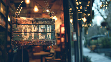 Open sign broad through the glass of door in cafe. Business service and food concept. Vintage tone filter color style.