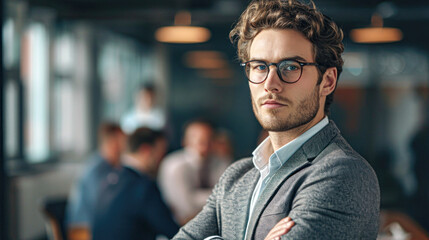 Fototapeta premium Attractive smiling young confident businessman in formal wear standing in the office with his colleagues on a background, arms folded