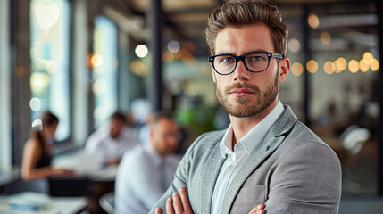 Fototapeta premium Attractive smiling young confident businessman in formal wear standing in the office with his colleagues on a background, arms folded