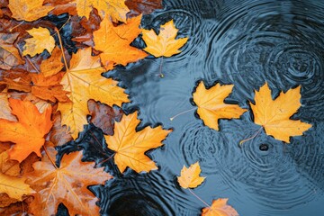 Naklejka na ściany i meble Colorful fall leaves in pond lake water, floating autumn leaf.