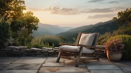Küchenrückwand glas motiv Empty chair in a stone and wooden terrace of a cottage in mountain village, face to beautiful mountain landscape view. Poster, Banner. Vacation and tourism concept. Caucasian mountains © KatyaPulina