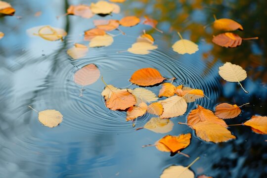 Colorful fall leaves in pond lake water, floating autumn leaf.