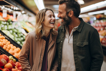Happy adult couple walking inside supermarket or market in vegetables and fruits department area smiling and laughing together having fun. Choosing in the groceries. People and house bills expenses - obrazy, fototapety, plakaty