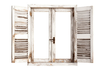 Old Retro White Wooden Window Shutters Isolated on White and PNG Transparent Background. Window Frame for Picture