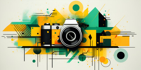 Digital camera with colorful paint splatters on the side of it, Painting Camera, World Photography Day illustration man and woman photographers, camera, generative AI