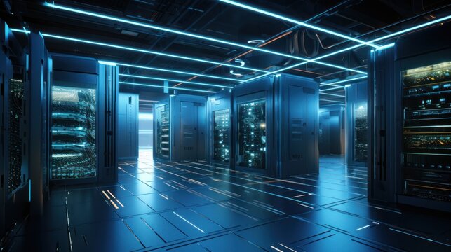 Server room in a modern office of a technology company. Development of a quantum computer. Science, technology, big data and blockchain concept.