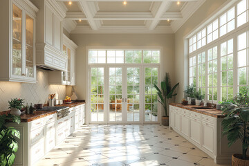 Design of modern kitchen with large windows in light shades of colors in frontal perspective
