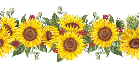 Watercolor sunflower seamless border. Floral illustration for paper, stationery, fabric, cards, packaging, scrapbooking. Summer or autumn design. Border on a transparent background