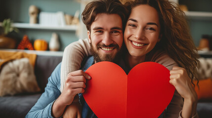 Couple in love holding big red heart and smiling.	 - Powered by Adobe