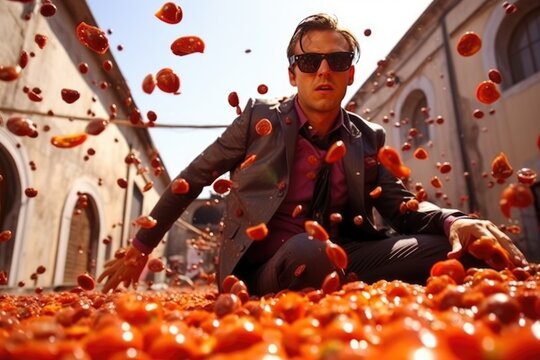 Tomatina, or the battle of tomatoes, a man in sunglasses. There are tomatoes crushed