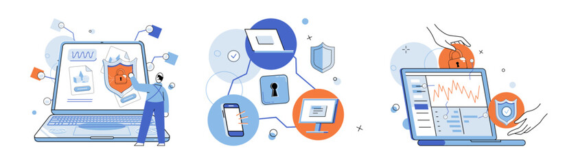 Cyber security vector illustration. Tech professionals provide support in implementing effective cyber security measures The concept cyber security encompasses defense digital assets and information