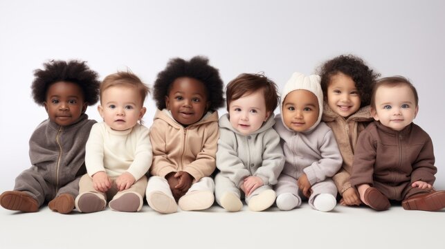 A multi ethnic group of toddlers are sitting on the floor on a white background and looking at the camera. Professional photo shoot portrait of children.