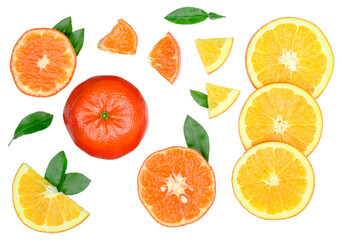  Tangerine and lemon slices isolated on a white background, top view