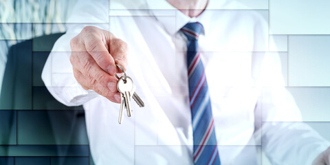 Real estate agent giving keys, geometric pattern