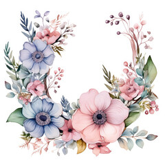 Watercolor floral frame on white background