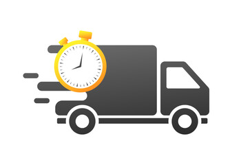 Obraz premium Delivery truck icon with timer. Flat, delivery truck design, timer on the truck. Vector icon