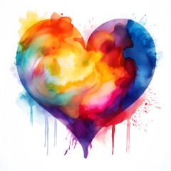 Watercolor multicolored heart, Rainbow heart with splashes Hand drawn watercolor element for design isolated on white
