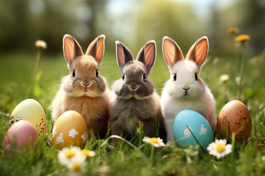 three adorable bunnies of different colors sitting in an outdoor meadow next to hand-painted colorful Easter eggs,