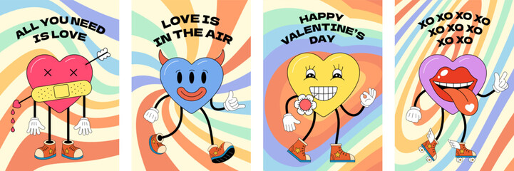 Happy Valentines Day greeting card. Groovy art typography poster. Retro funky cartoon heart characters. Valentine holiday vintage hippy hearts mascots. Crazy hippie love placard set. Trendy y2k banner