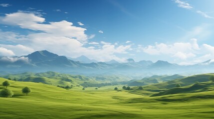 A breathtaking panoramic landscape showcasing rolling hills covered in fresh green grass, a vast blue sky above with wispy clouds, and a dramatic mountain range in the distance.