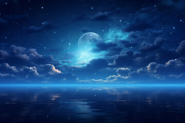 night sky with moon, clouds over the ocean, view of the night sky