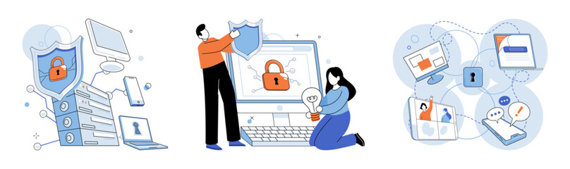 Cyber security vector illustration. Secure access to systems and information is essential for maintaining privacy Firewall software acts as protective barrier against cyber threats Tech professionals