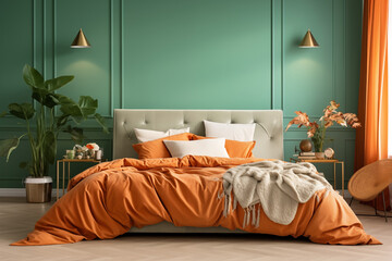 The design of the bedroom with bright orange and green army background with a spacious room. Modern minimalist bedroom interior design. Aesthetic luxury room decoration and unique furniture