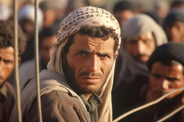 A close-up portrait of a man with a piercing gaze looking through a fence, with others gathered in the background.