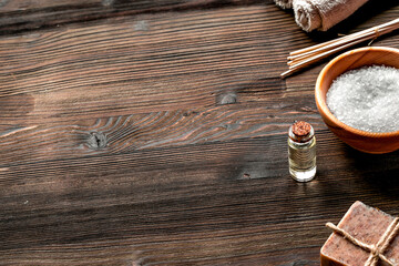 Aromatherapy SPA set with salt and natural oil wooden background mock up