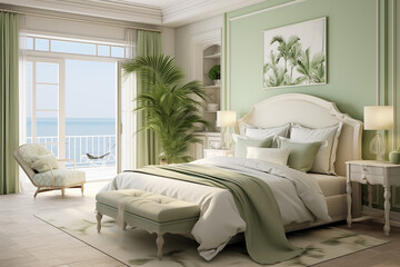The bedroom design has an orange background with a spacious room and a view of the beach outside the window. Modern minimalist bedroom interior design. 