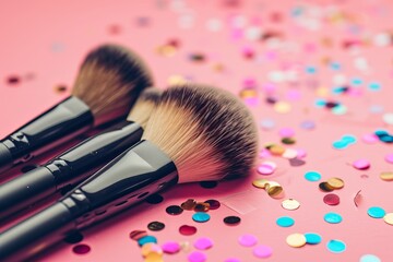 Set of makeup brushes on pink background.