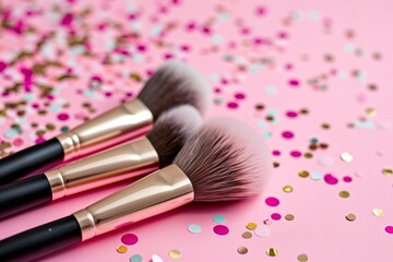 Obraz na płótnie Canvas Set of makeup brushes on pink background.
