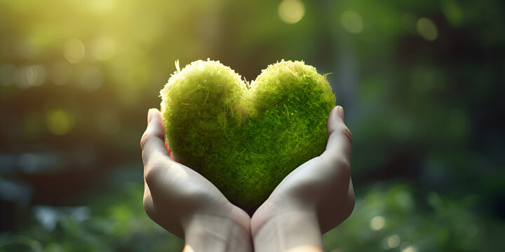 Love nature and save the environment hands holding green heart shaped leaf, Hands holding green heart shaped grass, generative AI

