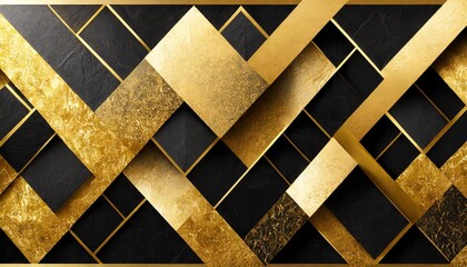 Wall texture geometric 3D wall with gold and black textures in a luxurious pattern of squares and rectangles,