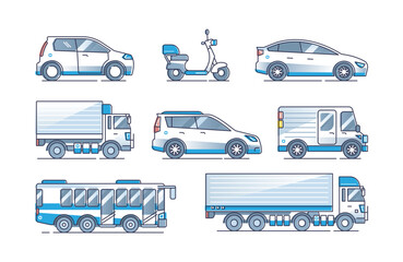 Electric cars set with various battery powered vehicles outline collection, transparent background. Rechargeable futuristic design scooter, truck, sedan and bus illustration.