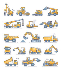 Construction machines and heavy machinery outline collection set, transparent background. Industrial hydraulic vehicles for land scooping with shovels, lifting with cranes and digging. © VectorMine
